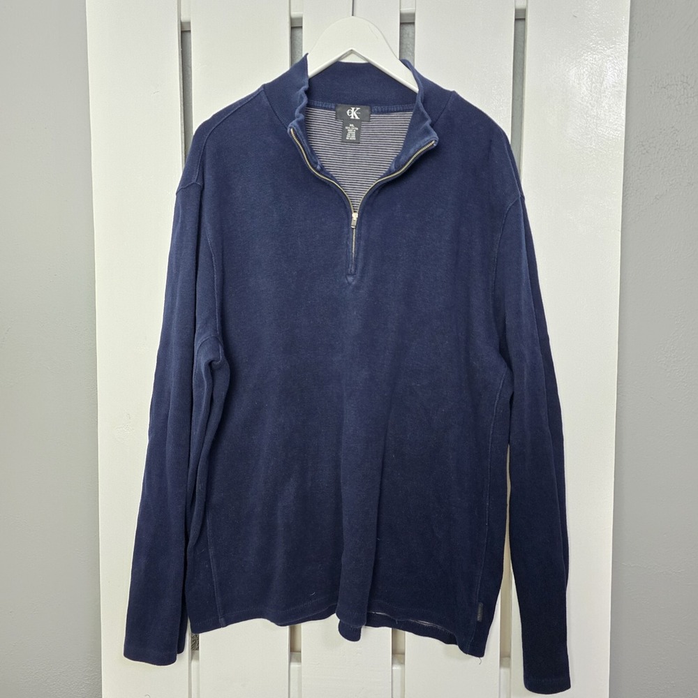 Calvin Klein Men's Ribbed Cotton 1/4 Zip‎ Pullover Sweater XL Blue